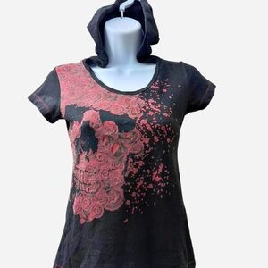 Black Hooded Women's Tee with Pink Floral Skull Print